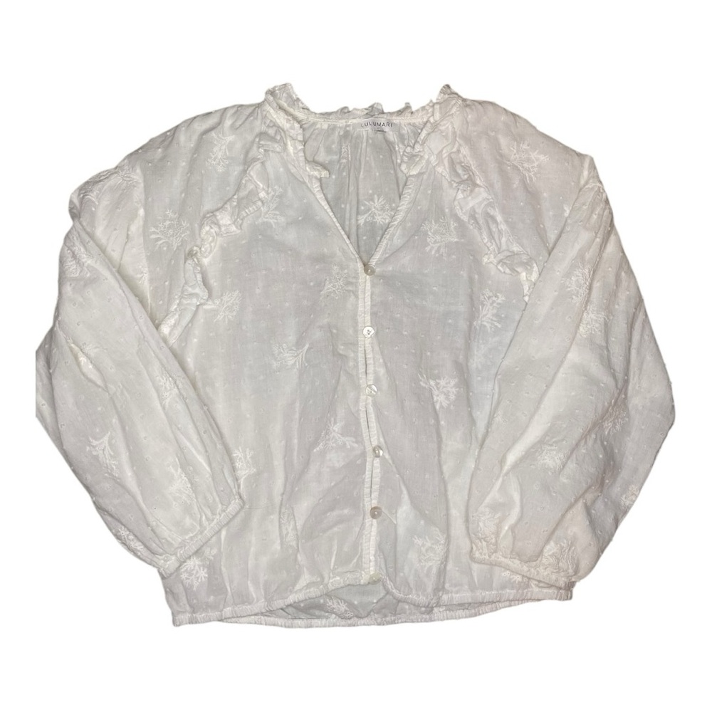 Lulumari Women's White Swiss Dot Ruffle Boho Hippie Elastic Cuff Hem Top (XL)